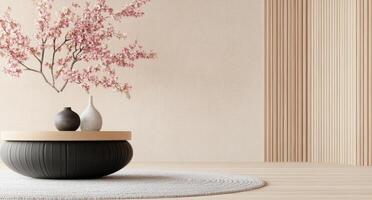 Minimalist interior design featuring cherry blossom branches in a modern room photo