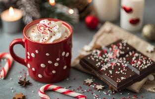 Festive Hot Chocolate With Whipped Cream and Candy Cane in Cozy Holiday Setting photo