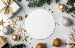 Festive Holiday Setting With Blank Circle Surrounded by Ornaments and Gift Box photo