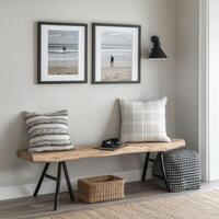 Cozy living area with beach-themed artwork and comfortable seating photo