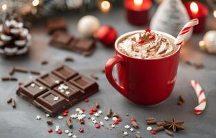 Festive Hot Chocolate With Whipped Cream and Candy Cane in Cozy Holiday Setting photo