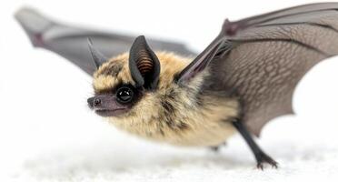 A close-up of a bat in flight against a blurred natural background during twilight photo