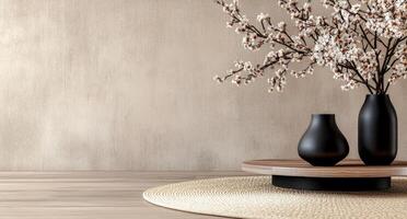 Minimalist interior design featuring cherry blossom branches in a modern room photo