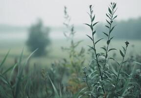 Delicate Wildflowers Growing In Lush Green Meadow At Dawn photo
