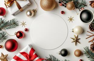 Festive Holiday Setting With Blank Circle Surrounded by Ornaments and Gift Box photo