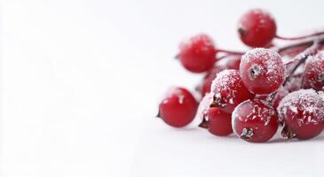 Red winter berries glistening with snow in a soft, blurred background photo