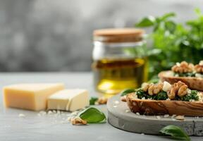 Fresh Spinach and Walnut Crostini With Olive Oil on a Rustic Wooden Board photo