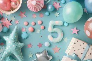 Colorful Birthday Celebration Setup With Five-Year-Old Themes and Decorations photo