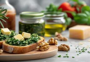 Fresh Spinach and Walnut Crostini With Olive Oil on a Rustic Wooden Board photo