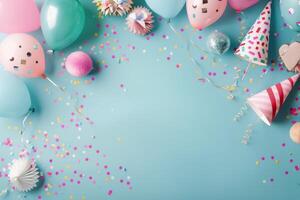 Colorful Party Decorations With Balloons and Confetti on Blue Background photo