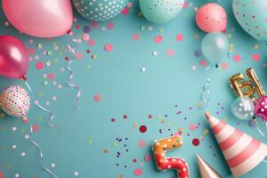Colorful Party Decorations With Balloons and Confetti on Blue Background photo