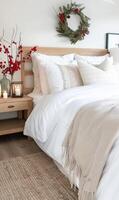 Elegant Winter Table Setting With Candles and Red Berries in Cozy Bedroom photo