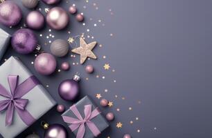 Festive Purple Decorations With Gifts And Ornaments On Gray Background photo