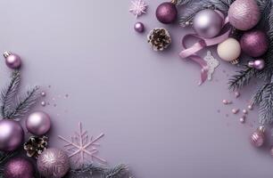 Festive Decorations With Purple Ornaments and Pine Cones on Table photo