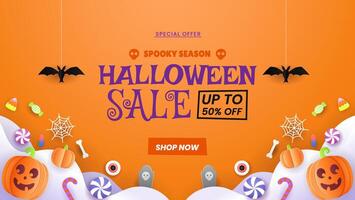 Cheerful Halloween sale backdrop featuring pumpkins, spiders, bats, flags, and a glowing fiesta lamp vector