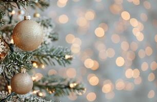 Golden Christmas Ornament Hangs on Pine Tree With Soft Bokeh Background photo