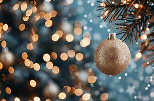 Golden Christmas Ornament Hangs on Pine Tree With Soft Bokeh Background photo