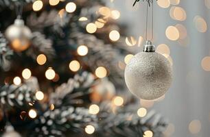 Golden Christmas Ornament Hangs on Pine Tree With Soft Bokeh Background photo