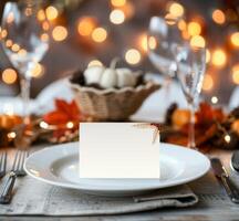 Elegant Table Setting With Blank Place Card and Festive Decorations for Autumn Dinner photo
