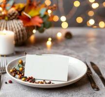 Elegant Table Setting With Blank Place Card and Festive Decorations for Autumn Dinner photo