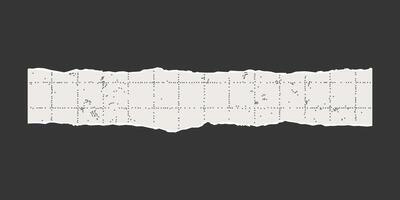 Torn strip sheet of checkered paper with jagged edges on dark background. Dotted textured background, noisy gritty effect. Banner template, empty space for text, ripped collage element. vector