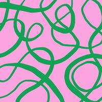 Playful hand drawn pattern, curved green lines of different thickness. Pencil textured lines on pink background, doodle swirls, wavy strokes, crosshatch. Sketch illustration. vector