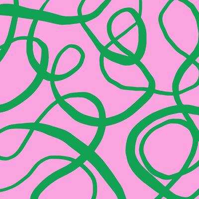 Playful hand drawn pattern, curved green lines of different thickness. Pencil textured lines on pink background, doodle swirls, wavy strokes, crosshatch. Sketch illustration.