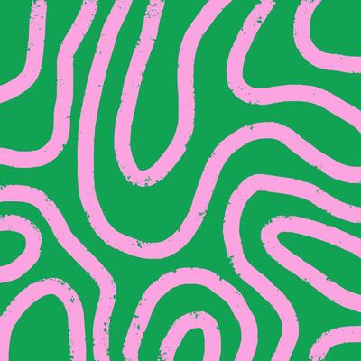 Playful hand drawn pattern, curved pink pencil lines. Chaotic ink textured lines on green background, doodle swirls, wavy strokes, crosshatch, squiggles. Sketch illustration.