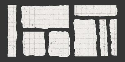 Set of torn rectangular sheets of aged checkered paper with jagged edges. Ripped elements of different shapes and sizes with gritty texture. Empty space for text, banner template. vector