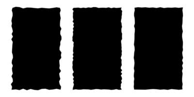 Set of vertical black frames, torn paper shape, rectangles with jagged edges isolated on white background. Template for text, banner. vector