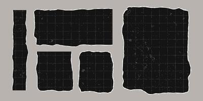 Set of black torn rectangular sheets of checkered paper with jagged edges. Ripped grunge elements for collage. Empty space for text, banner template. vector