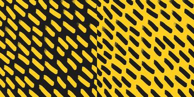 Set of two hand drawn square patterns, chaotic diagonal textured scratches on black and yellow background. Pencil textured strokes and dots, sketch. vector