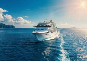 Cruise Ship Docked Near Scenic Horizon With Binoculars on Deck in Bright Sunshine photo