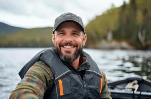 Man Fishing on a Lake With a Smile in a Natural Setting photo