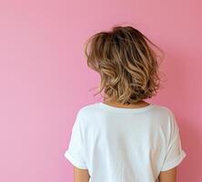 Woman With Wavy Hair Facing Pink Wall in Bright Minimalist Setting photo