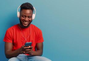 Happy Boy Listening to Music on Phone While Wearing Headphones Against Blue Background photo