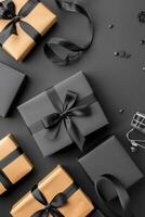Elegant Black And Gold Wrapped Gifts With Satin Ribbons On Dark Background photo