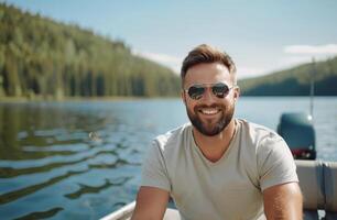 Man Fishing on a Lake With a Smile in a Natural Setting photo