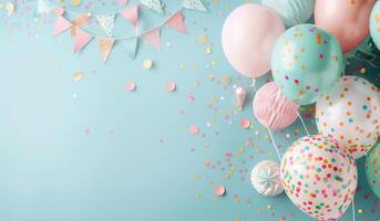 Colorful Party Decorations With Balloons and Confetti on Blue Background photo
