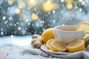 Warm Ginger Tea With Lemon Slices Surrounded by Snow in Winter photo