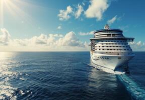 Cruise Ship Docked Near Scenic Horizon With Binoculars on Deck in Bright Sunshine photo