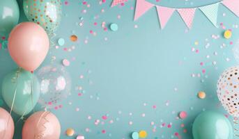 Colorful Party Decorations With Balloons and Confetti on Blue Background photo