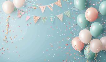 Colorful Party Decorations With Balloons and Confetti on Blue Background photo