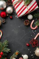 Festive Holiday Decorations With Gifts and Ornaments on Dark Surface photo