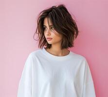 Woman With Wavy Hair Facing Pink Wall in Bright Minimalist Setting photo