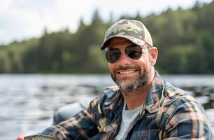 Man Fishing on a Lake With a Smile in a Natural Setting photo