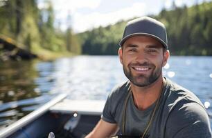 Man Fishing on a Lake With a Smile in a Natural Setting photo
