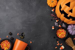 Festive Halloween Decorations With Candy and Pumpkins on Dark Surface photo