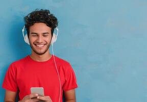 Happy Boy Listening to Music on Phone While Wearing Headphones Against Blue Background photo