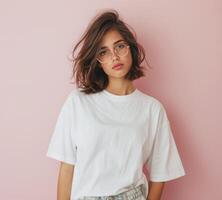 Woman With Wavy Hair Facing Pink Wall in Bright Minimalist Setting photo